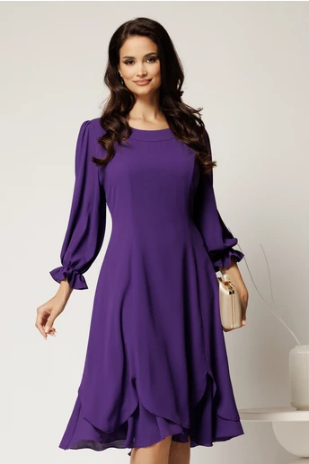 Rochie midi mov din voal cu croi in clini si volane la baza