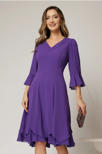 Rochie midi mov din voal cu croi lejer si decolteu in V