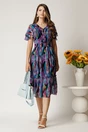 Rochie midi mov din voal cu imprimeuri albastre in clos cu volanase, 3, dyfashion.ro