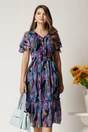 Rochie midi mov din voal cu imprimeuri albastre in clos cu volanase, 1, dyfashion.ro