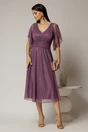 Rochie midi mov din voal cu sclipici si decolteu in V, 3, dyfashion.ro