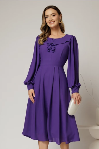 Rochie midi mov din voal plin cu volanase la bust