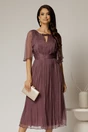 Rochie midi mov prafuit din matase cu detaliu floral  si decolteu V, 1, dyfashion.ro