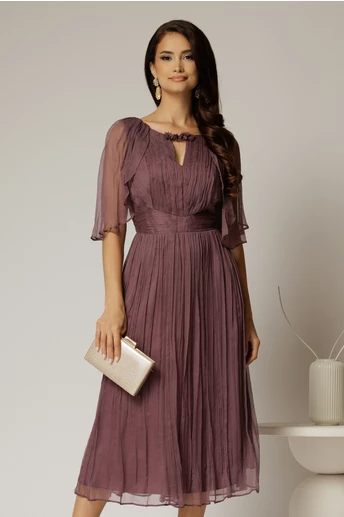 Rochie midi mov prafuit din matase cu detaliu floral  si decolteu V