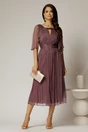 Rochie midi mov prafuit din matase cu detaliu floral  si decolteu V, 3, dyfashion.ro