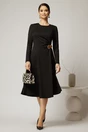 Rochie midi neagra clos cu accesoriu auriu in talie si pliuri, 3, dyfashion.ro