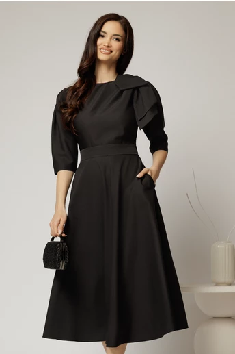 Rochie midi neagra clos cu funda ampla pe umar si cordon detasabil