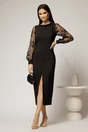 Rochie midi neagra conica cu maneci din dantela si guler barcuta, 3, dyfashion.ro