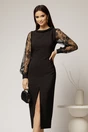 Rochie midi neagra conica cu maneci din dantela si guler barcuta, 1, dyfashion.ro