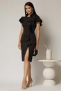 Rochie midi neagra conica cu volanase si floare ampla pe umar, 3, dyfashion.ro