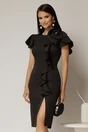 Rochie midi neagra conica cu volanase si floare ampla pe umar, 1, dyfashion.ro