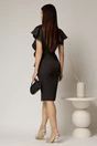 Rochie midi neagra conica cu volanase si floare ampla pe umar, 2, dyfashion.ro