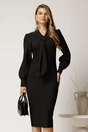 Rochie midi neagra conica din stofa cu guler tip esarfa, 1, dyfashion.ro