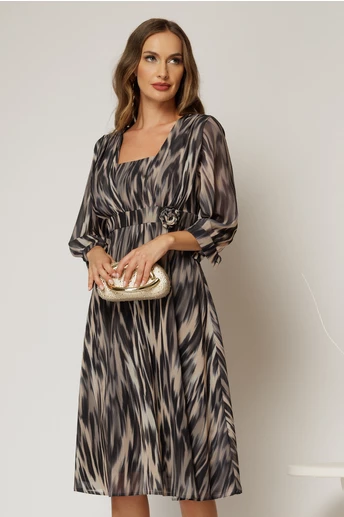 Rochie midi neagra cu bej de zi din voal cu imprimeuri