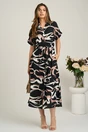 Rochie midi neagra cu bej din viscoza in clini cu nasturi si cordon in talie, 1, dyfashion.ro