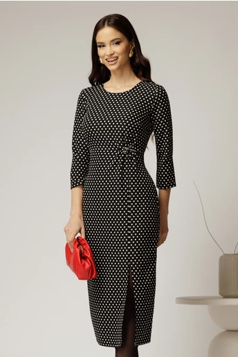 Rochie midi neagra cu buline albe si detaliu pe talie