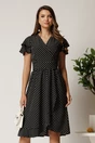 Rochie midi neagra cu buline din triplu voal in clos cu volane la maneci, 1, dyfashion.ro
