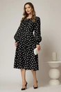 Rochie midi neagra cu buline din voal plin cu volanase la bust, 3, dyfashion.ro