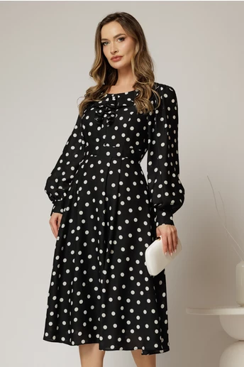 Rochie midi neagra cu buline din voal plin cu volanase la bust