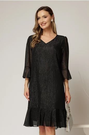 Rochie midi neagra cu fir lurex, croi lejer si volanase la fusta