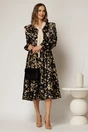 Rochie midi neagra cu imprimeuri bej si guler tip esarfa, 3, dyfashion.ro