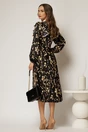Rochie midi neagra cu imprimeuri bej si guler tip esarfa, 2, dyfashion.ro