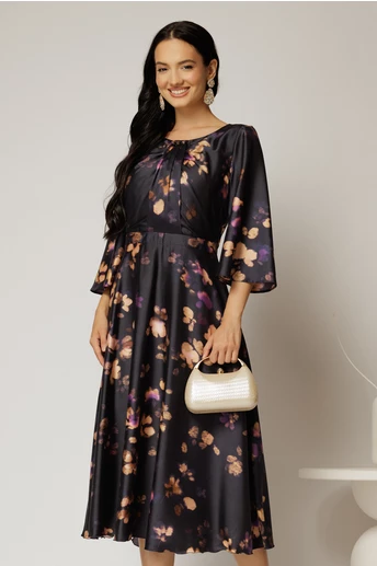 Rochie midi neagra cu imprimeuri mov si detalii la bust