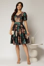 Rochie midi neagra cu imprimeuri verzi si bej din voal satinat si cordon detasabil, 3, dyfashion.ro