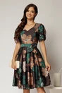 Rochie midi neagra cu imprimeuri verzi si bej din voal satinat si cordon detasabil, 1, dyfashion.ro