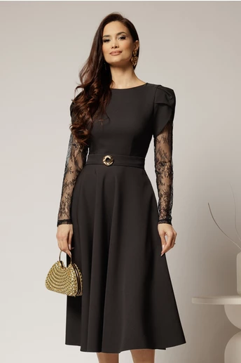 Rochie midi neagra cu maneci din dantela si cordon detasabil