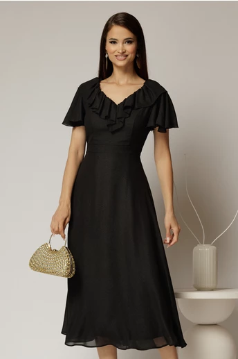 Rochie midi neagra cu sidef cu decolteu V si volanase la bust