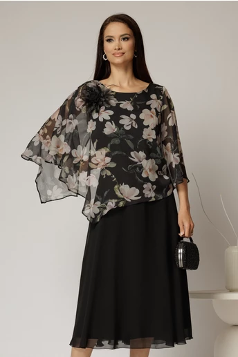Rochie midi neagra cu voal cu imprimeuri bej