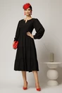 Rochie midi neagra cu volan la fusta si decolteu discret in V, 3, dyfashion.ro