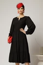 Rochie midi neagra cu volan la fusta si decolteu discret in V, 1, dyfashion.ro