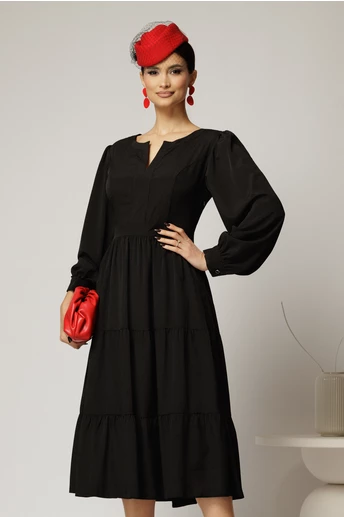 Rochie midi neagra cu volan la fusta si decolteu discret in V