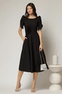 Rochie midi neagra de ocazie cu aplicatie in talie cu margele si maneci decupate, 3, dyfashion.ro