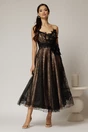 Rochie midi neagra de ocazie din dantela cu brose detasabile in talie, 1, dyfashion.ro