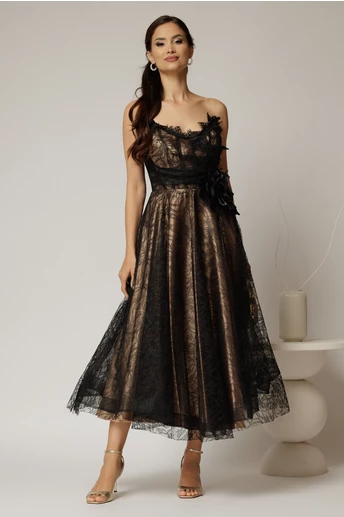 Rochie midi neagra de ocazie din dantela cu brose detasabile in talie