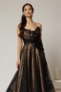 Rochie midi neagra de ocazie din dantela cu brose detasabile in talie, 3, dyfashion.ro