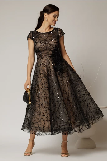 Rochie midi neagra de ocazie din dantela cu paiete si perle