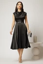 Rochie midi neagra de ocazie din satin cu pietricele mici si curea eleganta, 3, dyfashion.ro