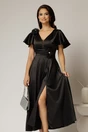 Rochie midi neagra de ocazie din tafta cu maneci evazate si decolteu adanc, 1, dyfashion.ro