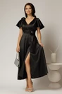 Rochie midi neagra de ocazie din tafta cu maneci evazate si decolteu adanc, 3, dyfashion.ro