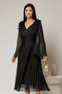 Rochie midi neagra de ocazie din tull cu aplicatii la umeri si decolteu petrecut, 1, dyfashion.ro