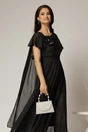 Rochie midi neagra de ocazie din voal cu sclipici si detaiu amplu foral la bust, 3, dyfashion.ro