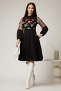 Rochie midi neagra din crep cu broderie la bust, 3, dyfashion.ro