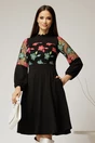 Rochie midi neagra din crep cu broderie la bust, 1, dyfashion.ro