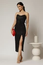 Rochie midi neagra din dantela cu crepeu si detaliu amplu in talie, 3, dyfashion.ro