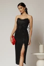 Rochie midi neagra din dantela cu crepeu si detaliu amplu in talie, 1, dyfashion.ro