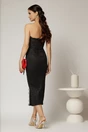 Rochie midi neagra din dantela cu crepeu si detaliu amplu in talie, 2, dyfashion.ro